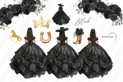 Black Princess Charro Boots Clipart, Quinceaera Flowers