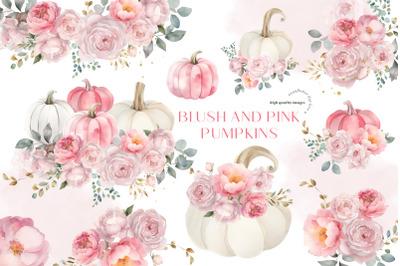 Blush Pink Autumn Pumpkin Clipart, Flowers Fall Pumpkin