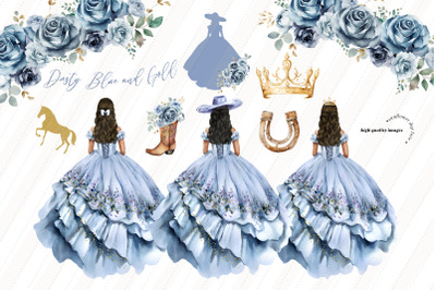 Dusty Blue Princess Gold Crown Charro Boots Clipart