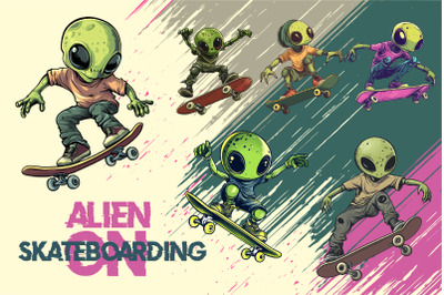 Alien on skateboarding. TShirt Sticker.