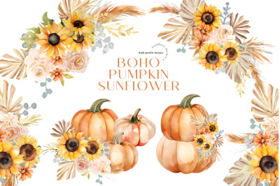 Boho Pumpkin Sunflowers Pampas Grass clipart&2C; Dried palm leaf