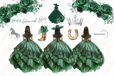 Hunter Green Princess Silver Crown Charro Boots Clipart