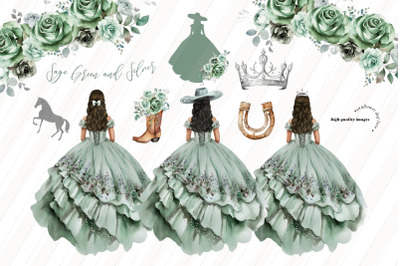 Sage Green Princess Silver Crown Charro Boots Clipart