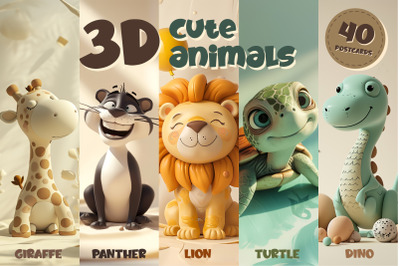 Cute 3d cartoon animals. Posters. Postcards.