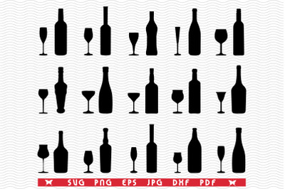 SVG Wine Bottles&amp;Glasses, Silhouettes