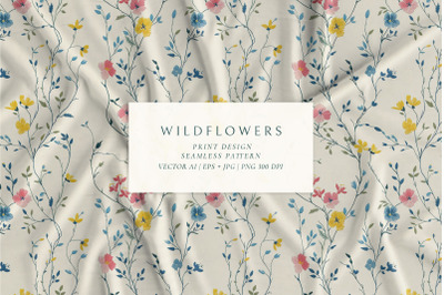 Wildflowers Seamless Pattern. Whimsical Meadow Blooms