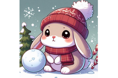 A cartoon bunny with a snowball