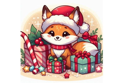 A cartoon fox with a Christmas gift