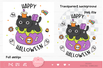 Halloween cat on magic pot kawaii clipart trick or treat