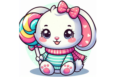 A cute cartoon rabbit with a lollipop