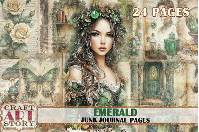 Romantic Emerald Junk Journal Pages,fairy emerald scrapbook