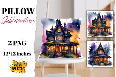 Halloween pillow sublimation. Spooky house design 2 PNG