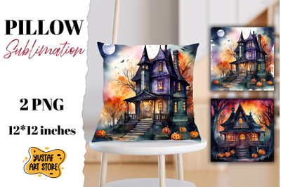 Halloween pillow sublimation. Spooky house design 2 PNG