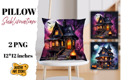 Halloween pillow sublimation. Spooky house design 2 PNG