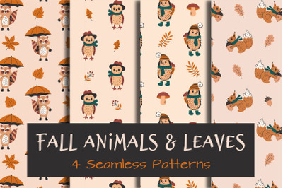 Fall Animals &amp; Leaves Seamless Patterns JPG EPS