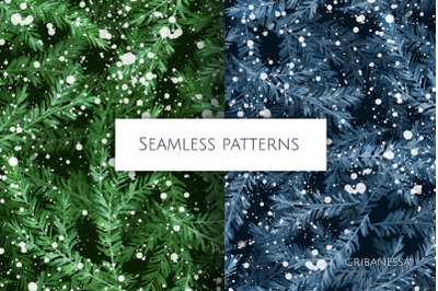 Christmas seamless patterns with fir branches and snow