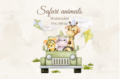 Safari animals. Travel by car. Watercolor sublimation.