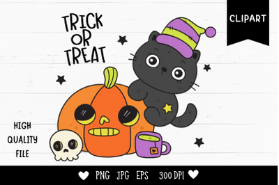 Halloween cat on pumpkin jack o lantern kawaii clipart