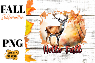 Hello Fall sublimation design. Fall deer in forest