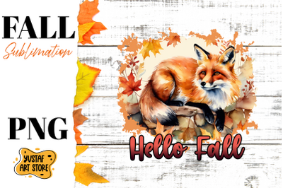 Hello Fall sublimation design. Fall Fox in forest