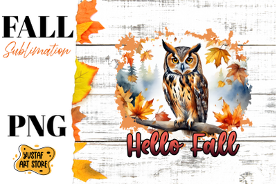 Hello Fall sublimation design. Fall Owl in forest