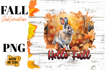 Hello Fall sublimation design. Fall Rabbit in forest