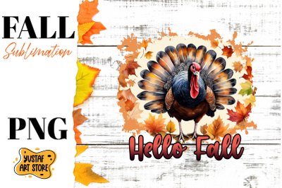 Hello Fall sublimation design. Fall Turkey in forest