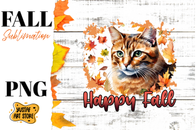 Happy Fall sublimation design. Watercolor Cat in fall leaves