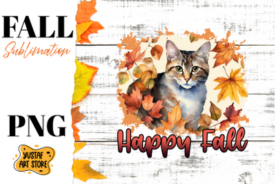 Happy Fall sublimation design. Watercolor Cat in fall leaves