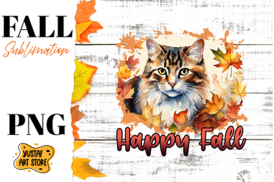 Happy Fall sublimation design. Watercolor Cat in fall leaves