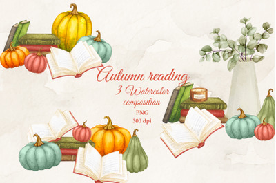 Autumn composition with books. Watercolor Set. PNG.