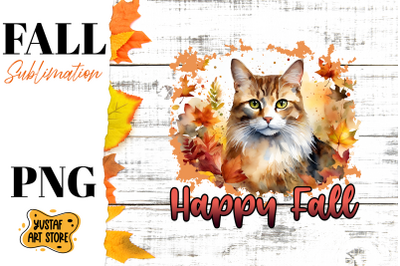 Happy Fall sublimation design. Watercolor Cat in fall leaves