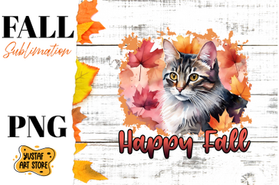 Happy Fall sublimation design. Watercolor Cat in fall leaves