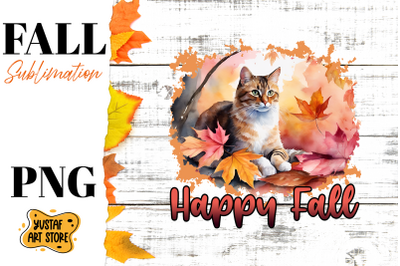 Happy Fall sublimation design. Watercolor Cat in fall leaves