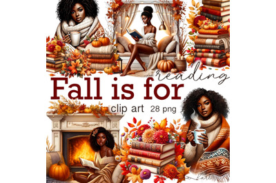 Autumn Black Woman Reading Clip Art Bundle&2C; Pumpkin Decor &amp;amp; Bookish St