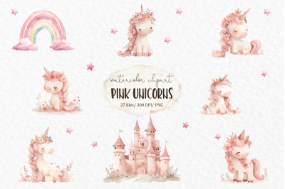 Pink unicorn watercolor clipart PNG