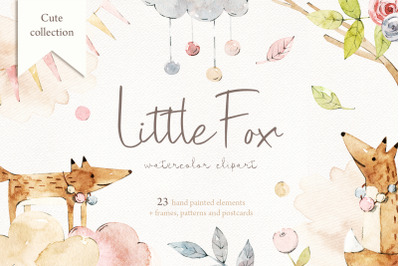 Little Fox. Watercolor clipart. PNG