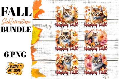 Happy Fall sublimation Bundle. Watercolor Cat in fall leaves