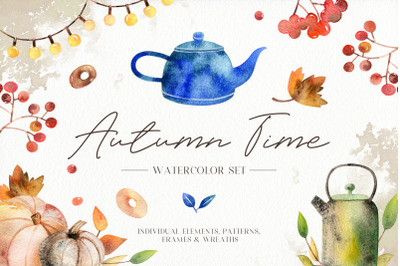 Autumn time. Watercolor clipart. PNG