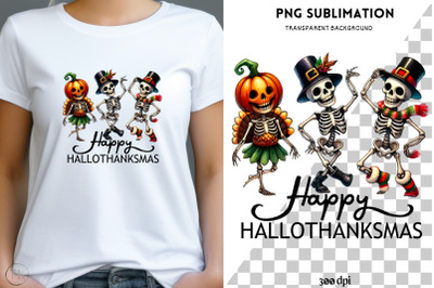 Happy Hallothanksmas PNG, Dancing Skeletons, Funny Halloween Designs,