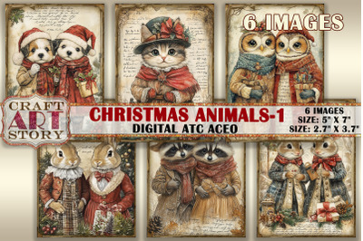 Vintage Christmas animals-1 picture collage cards atc BONUS