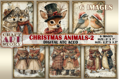 Vintage Christmas animals-2 picture collage cards atc BONUS