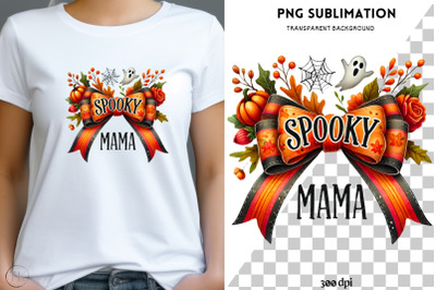 Spooky Mama PNG, Fall Girly Shirt Design, Coquette Bow Halloween PNG,