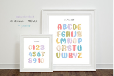 Dinosaur Alphabet and Numbers  Clipart, Alphabet Poster, Kids Decor