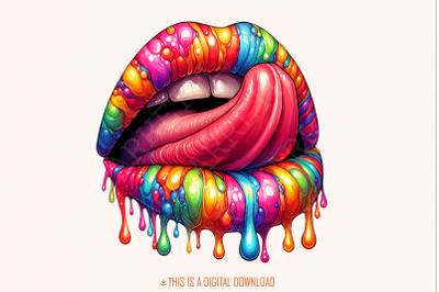 Rainbow Lips PNG, Dripping Lip clipart, Digital Download, Colorful PNG