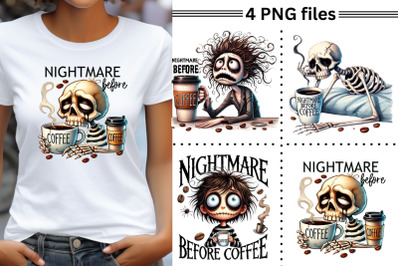 Nightmare Before Coffee Sublimation Design Set, Skeleton &amp; Horror PNG