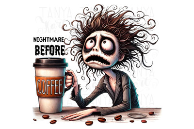 Nightmare Before Coffee PNG, Watercolor Spooky Coffee Vibes, Digital D