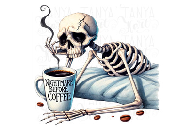 Nightmare Before Coffee PNG, Spooky Skeleton, Watercolor Coffee Mug, F