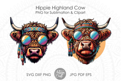 Hippie Highland Cow | Hippie Cow PNG | round sunglasses