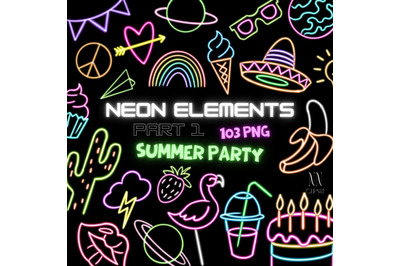 Neon Summer Party Clipart Bundle&2C; Tropical Retro Cocktail Flamingo